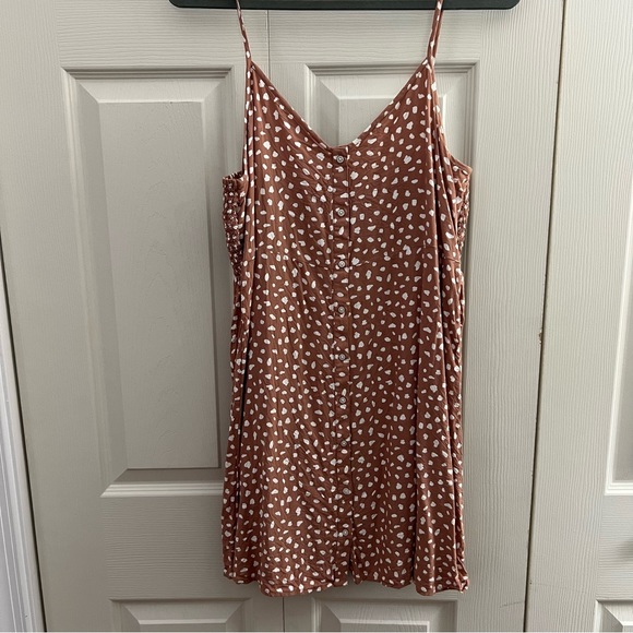 aerie Dresses & Skirts - Aerie Tan Warm Brown and White Button Down Polka Dot Dress Smocked Back Sz Large